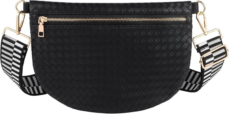 Dealkion Woven Crossbody Bags for Women Leather Belt Bum Sling Purse Fanny Waist Pack Chest Shoulder Bag for Women-Black - Image 1